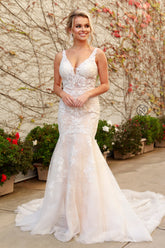 Nox Anabel H-493 V-Neck Tulle Wedding Gown with Train