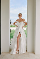 Nox Anabel JE-1016 Minimalist Satin Off-Shoulder A-line Bridal Gown