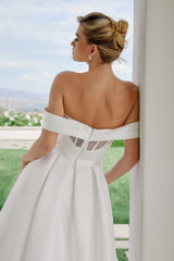 Nox Anabel JE-1016 Minimalist Satin Off-Shoulder A-line Bridal Gown