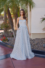 Nox Anabel E1925 Satin Polka Dot Halter Style Prom Gown