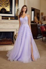 Nox Anabel H1882 Fit and Flare Tulle Prom Gown with Lace Up Back and Court Train
