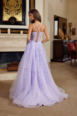 Nox Anabel H1882 Fit and Flare Tulle Prom Gown with Lace Up Back and Court Train
