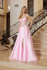 Nox Anabel Q1775 Satin Prom Gown With Sheer Bodice and Court Train