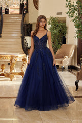 Nox Anabel Q1778 Long Fit and Flare Tulle Prom Gown With Lace-up Back
