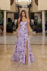 Nox Anabel Q1777 Layered Chiffon Floral Print Prom Gown
