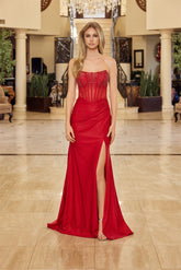 Nox Anabel A1739 Stretch Shimmer Satin Prom Gown With Leg Slit