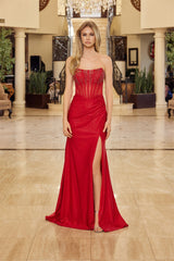 Nox Anabel A1739 Stretch Shimmer Satin Prom Gown With Leg Slit