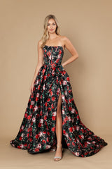 Poly USA 25188 Satin A-line Floral Print Prom Gown With Train