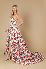 Poly USA 25188 Satin A-line Floral Print Prom Gown With Train