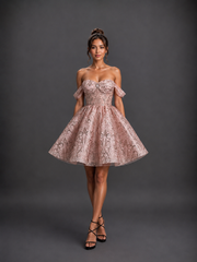 Dancing Queen 3440 Short Brocade Off-The-Shoulder Homecoming Dress
