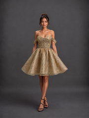 Dancing Queen 3440 Short Brocade Off-The-Shoulder Homecoming Dress