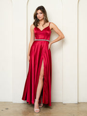 Eva USA 3506 charmeuse satin bridesmaid dress with corset back in red.