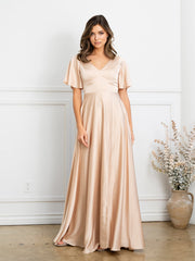 Eva USA 3523 Satin Bridesmaids Gown with Flutter Sleeves