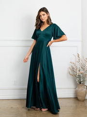 Eva USA 3523 Satin Bridesmaids Gown with Flutter Sleeves