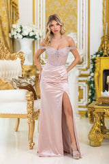 Dancing Queen 4517 Off the Shoulder Satin Prom Gown