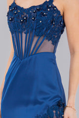 Cinderella Couture 8085J Satin Fitted Prom Gown Trimmed in Lace