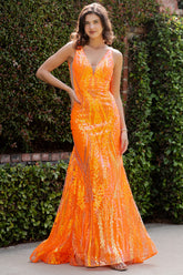 Cinderella Couture 8182J Orange Fitted Prom Gown with Embroidery & Sequins