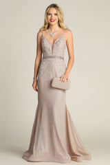 Chicas C-243 Embroidered Lace Sparkle Mermaid Prom Gown With Deep V Neck