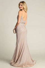 Chicas C-243 Embroidered Lace Sparkle Mermaid Prom Gown With Deep V Neck