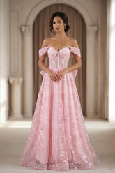 Chicas C391 Floral Embroidered Prom Gown With Corset & Brush Train