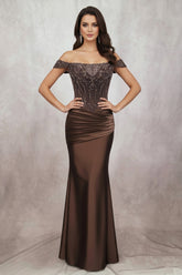 Chicas J094 Fitted Satin & Lace Prom Gown With Lace Up Back