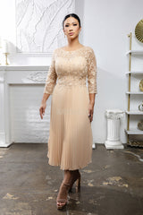 MayQueen MQ-2189 Tea Length Mother of the Bride Gown in Lace and Pleated Chiffon