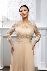 MayQueen MQ-2189 Tea Length Mother of the Bride Gown in Lace and Pleated Chiffon