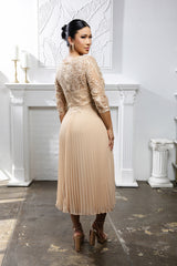 MayQueen MQ-2189 Tea Length Mother of the Bride Gown in Lace and Pleated Chiffon