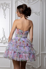MayQueen 2214 Short Layered Print Homecoming Or Prom Gown