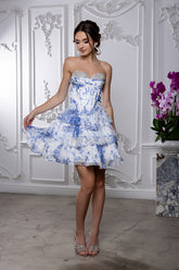 MayQueen 2215 Short Chiffon Layered Floral Print Homecoming Dress