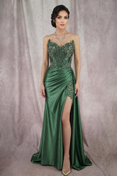 Chicas DM8038 Long Satin Prom Gown With Peaked Bust & Lace Up Back