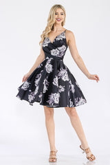 Lenovia 5307 Short Taffeta Floral Print Homecoming Party Dress