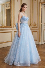 Chicas C379 Embroidered Tulle Prom Ball Gown With Bow Accent