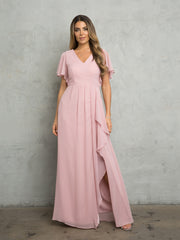 Eva USA 3442 Long Chiffon Bridesmaid Dress With Flutter Sleeves