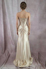 Chicas DM8038 Long Satin Prom Gown With Peaked Bust & Lace Up Back