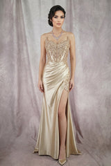 Chicas DM8038 Long Satin Prom Gown With Peaked Bust & Lace Up Back