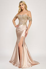 Lenovia 8398 Off the Shoulder Sateen Crystal Formal Prom Gown