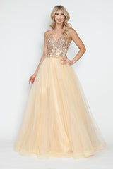Lenovia 8236 Sparkle Tulle Prom Gown with Gold Sequins and Embroidery
