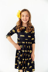 Mila & Rose Iowa Black Tigerhawk 3/4 Sleeve Pocket Twirl Dress For Girls