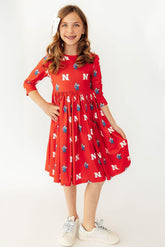 Mila & Rose Nebraska Red Herbie Husker 3/4 Sleeve Pocket Twirl Dress For Girls