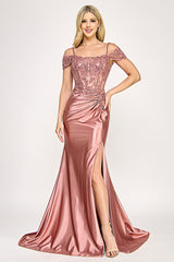 Lenovia 8348 Stretch Sateen Prom or Formal Gown with Embroidered Mesh Bodice