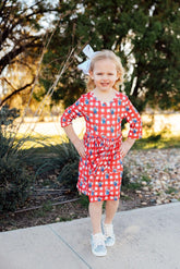 Mila & Rose Nebraska Plaid Herbie Husker 3/4 Sleeve Pocket Twirl Dress For Girls