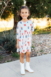 Mila & Rose Nebraska White Herbie Husker 3/4 Sleeve Pocket Twirl Dress