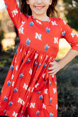Mila & Rose Nebraska Red Herbie Husker 3/4 Sleeve Pocket Twirl Dress For Girls