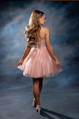 May Queen MQ2243 Short Hoco Shimmer Dress With Beading & Corset Back