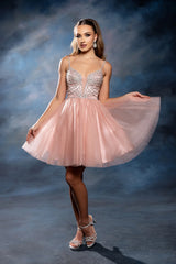 May Queen MQ2243 Short Hoco Shimmer Dress With Beading & Corset Back