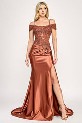 Lenovia 8348 Stretch Sateen Prom or Formal Gown with Embroidered Mesh Bodice