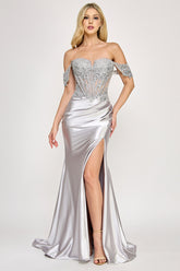 Lenovia 8398 Off the Shoulder Sateen Crystal Formal Prom Gown