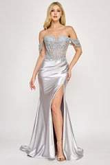Lenovia 8398 Off the Shoulder Sateen Crystal Formal Prom Gown