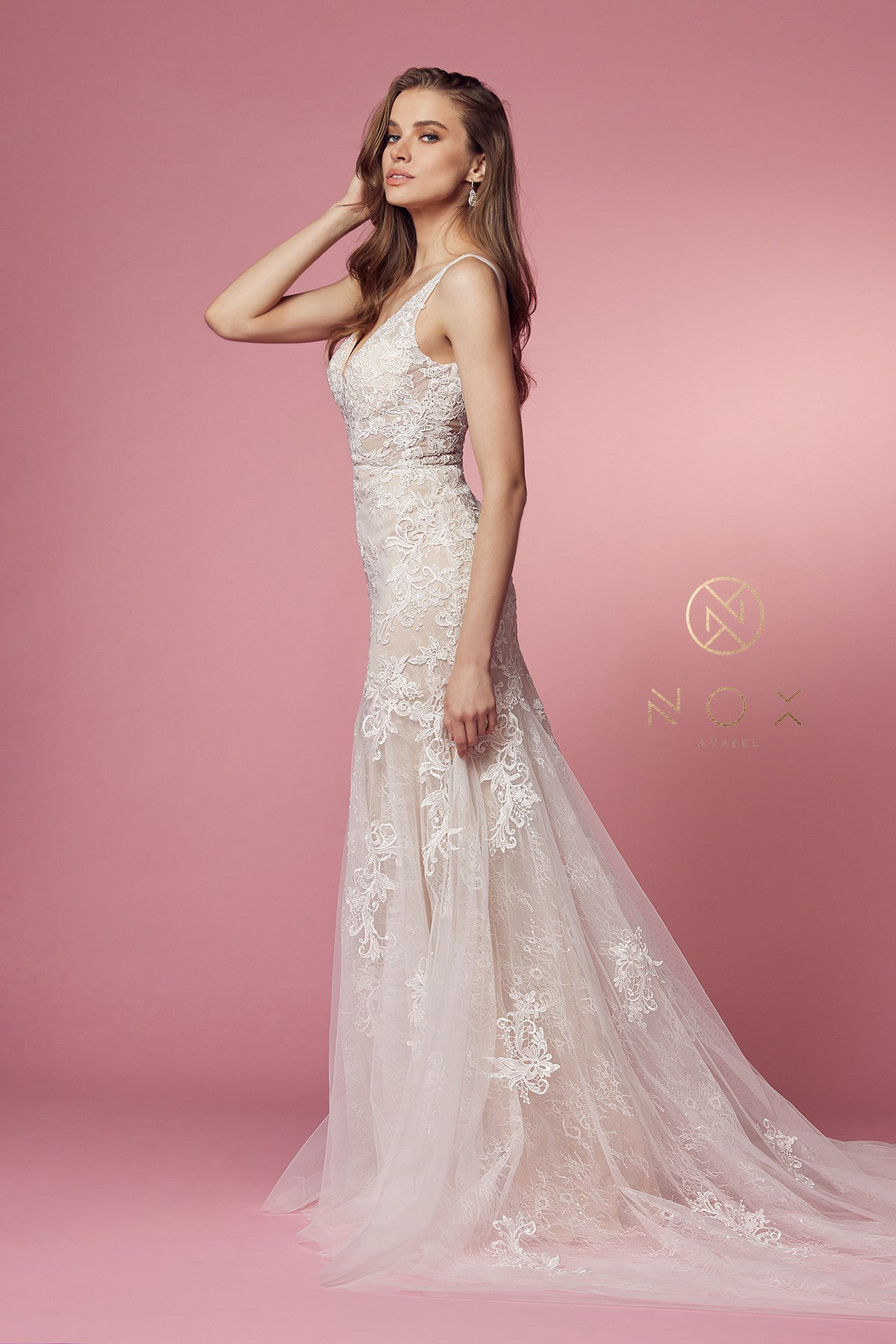 Nox Anabel H-493 V-Neck Tulle Wedding Gown with Train